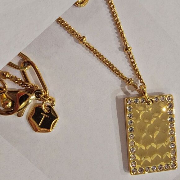 #Touchstone Golden Crystal Hammered Rect Pendant Dble Chain Necklace #NWOT #NIB - Picture 6 of 8